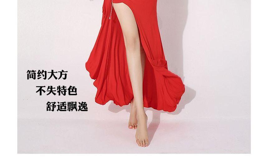 Set: Short-Sleeve Cold-Shoulder Plain Crop Dance Top + Mid Rise Asymmetrical Slit Maxi Pencil Skirt Product Image