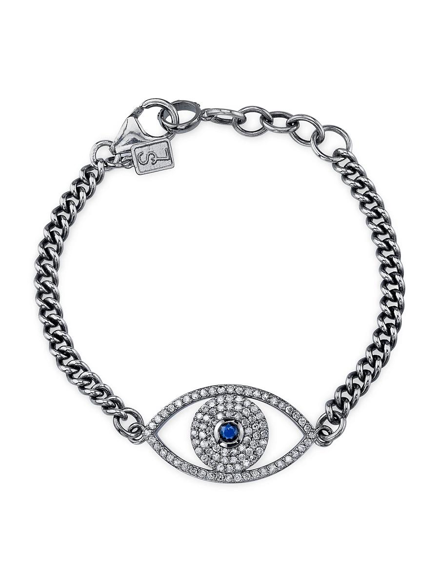 Womens Sterling Silver, Blue Sapphire & 0.96 TCW Diamond Evil Eye Chain Bracelet Product Image