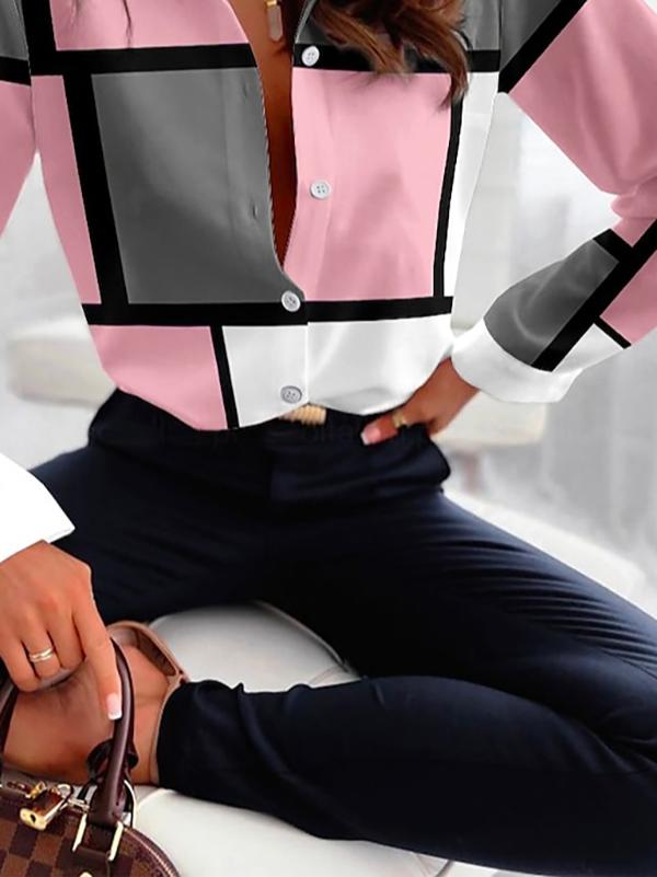 Long Sleeves Loose Buttoned Contrast Color Plaid Lapel Blouses&Shirts Tops Product Image