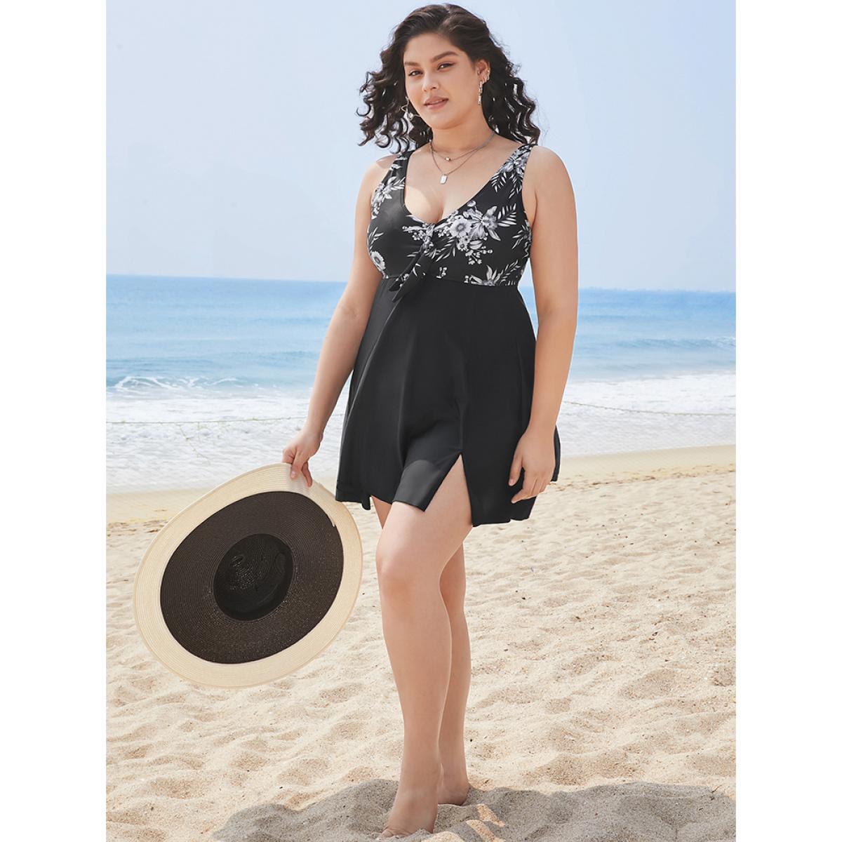 Plus Size Floral Patchwork Knotted Front Split Swim Dress Women's Swimwear Black Vacation Bodycon V-neck High stretch Curve Swim Dresses BloomChic 10/M Product Image