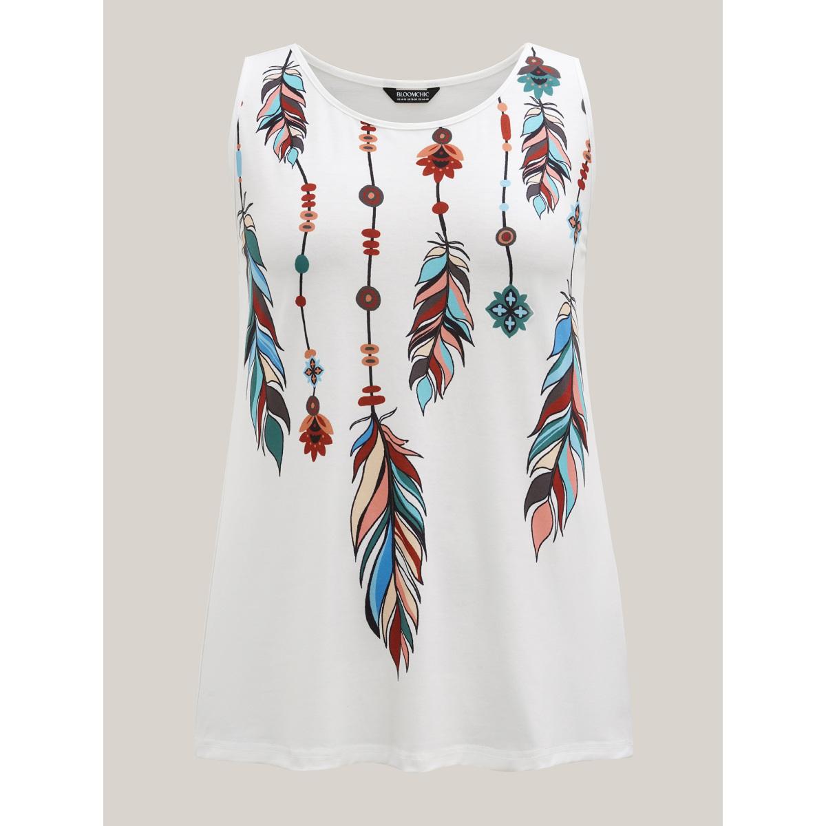 Plus Size Multi-Color Feather Print Stretchy Vest Women Opticwhite Casual Non Round Neck Everyday Tank Tops Camis BloomChic 10/M Product Image
