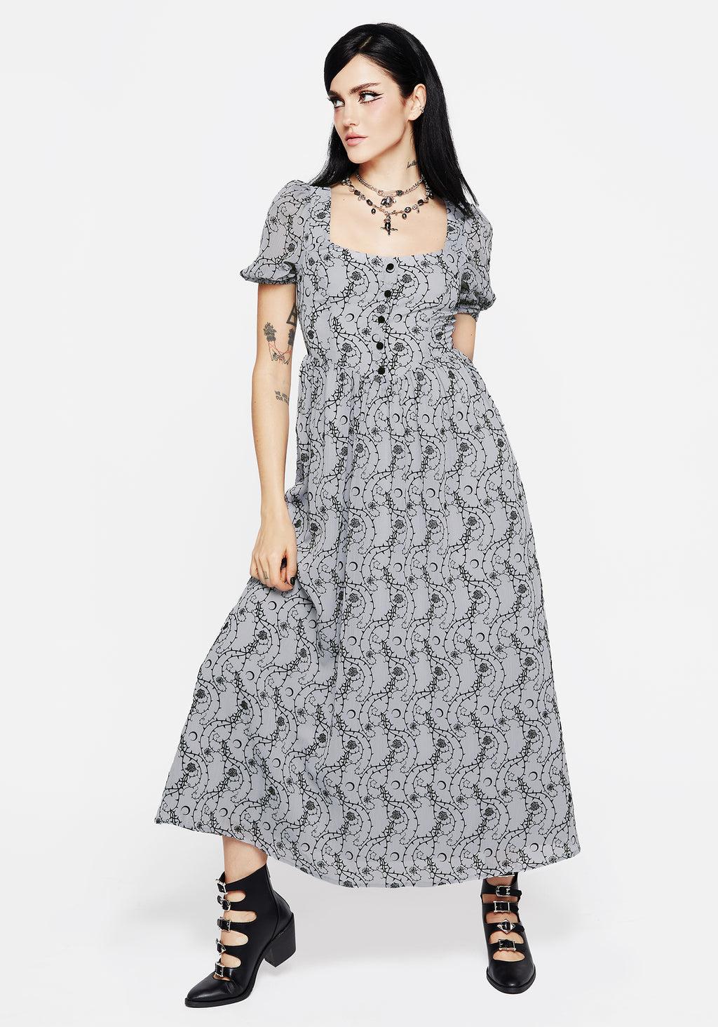 Rosethorn Flocked Velour Puff Sleeve Midaxi Dress - Blue Product Image