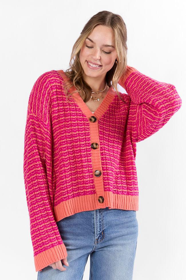 Triple Take Pink and Orange Woven Textured Knit Cardigan FINAL SALE Product Image