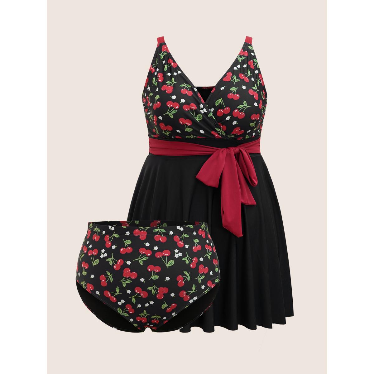 Plus Size Cherry Print Wrap Tie Knot Swim Dress Women's Swimwear Black Beach Bodycon Overlap Collar High stretch Curve Swim Dresses BloomChic 26/4X Product Image