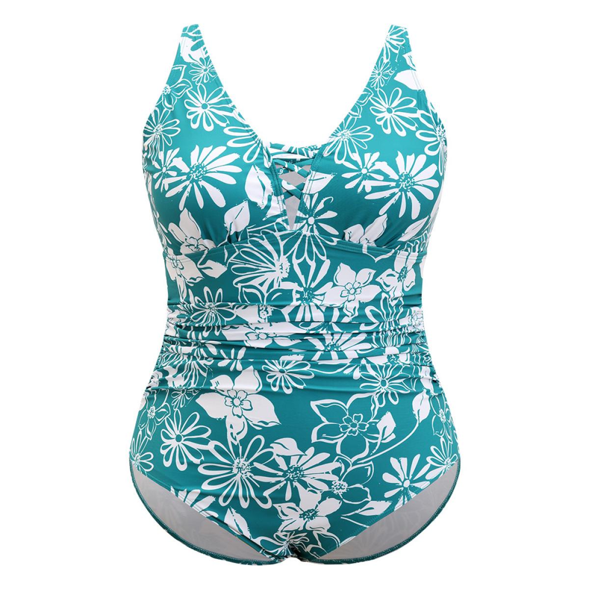 Plus Size Floral Print Crisscross Sculpt Waist Ruched One Piece Swimsuit Women's Swimwear Green Vacation Adjustable Straps Curve Bathing Suits High stretch One Pieces BloomChic 28/5X Product Image
