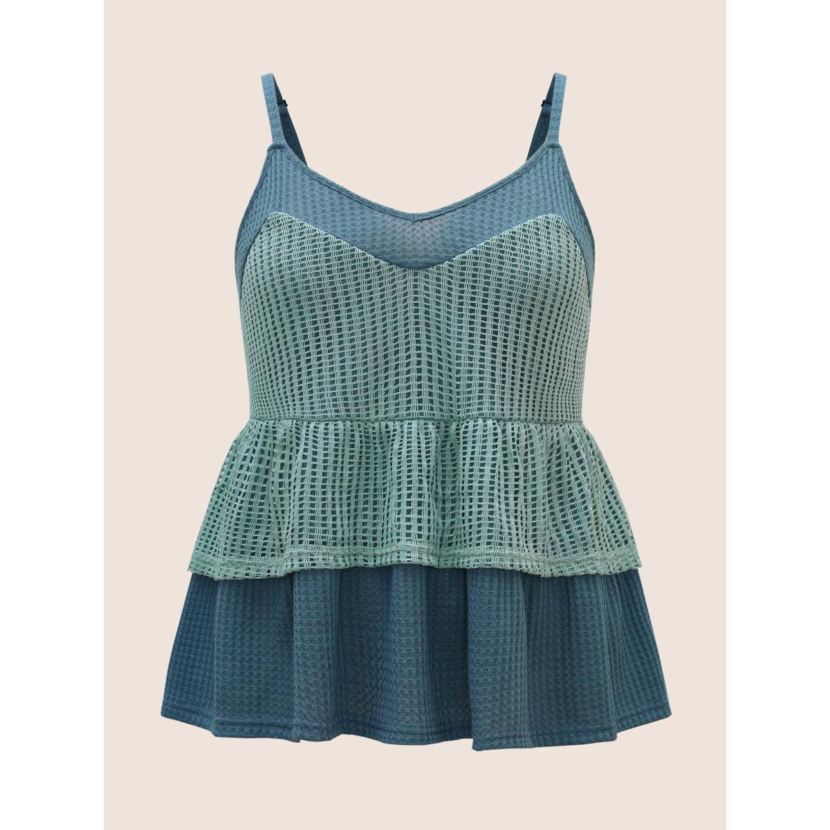 Plus Size Patchwork Contrast Waffle Knit Cami Top Women Cyan Resort Texture V-neck Vacation Tank Tops Camis BloomChic 28/5X Product Image