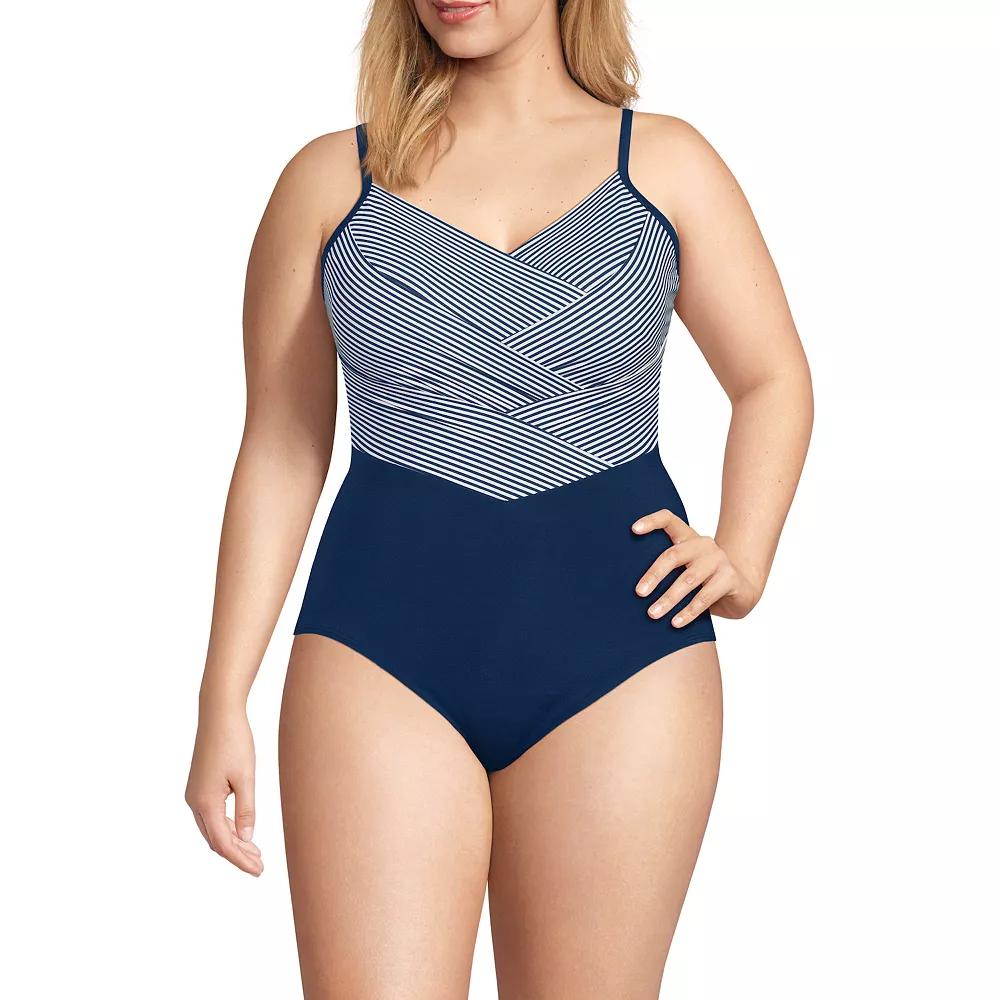 Plus Size Lands' End Slender Suit Pleated X-Back One-Piece Swimsuit, Women's, Size: 24W Dd, Blue Mini Stripe Product Image