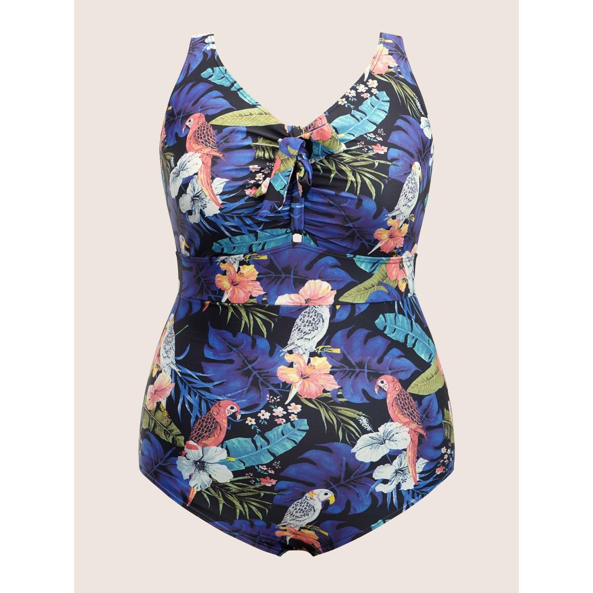 Plus Size Tropical Print Knotted Tummy Control One Piece Swimsuit Women's Swimwear Multicolor Beach Non Curve Bathing Suits High stretch One Pieces BloomChic 12/L Product Image