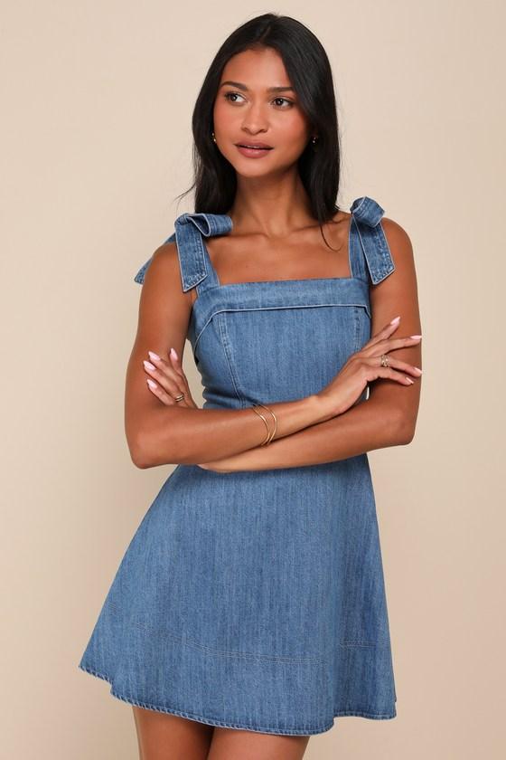 Precisely Sweet Medium Wash Tie-Strap Denim Mini Dress Product Image