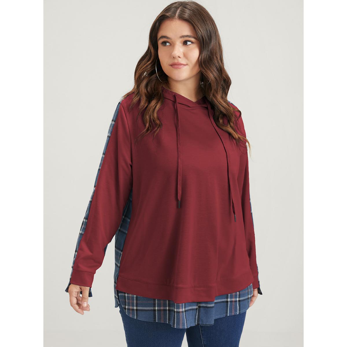 Plus Size Plaid Contrast Asymmetrical Drawstring Hooded Sweatshirt Women Scarlet Casual Contrast Loose Hooded Dailywear Sweatshirts BloomChic 14-16/1X Product Image