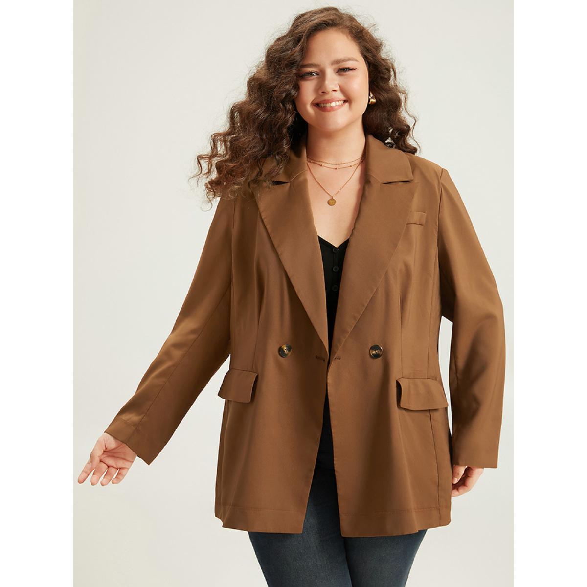 Plus Size Suit Collar Button Up Pocket Blazer DarkBrown Women Dailywear Plain Plain Sleeve Long Sleeve Suit Collar 10/M Pocket Casual Blazers BloomChic Product Image