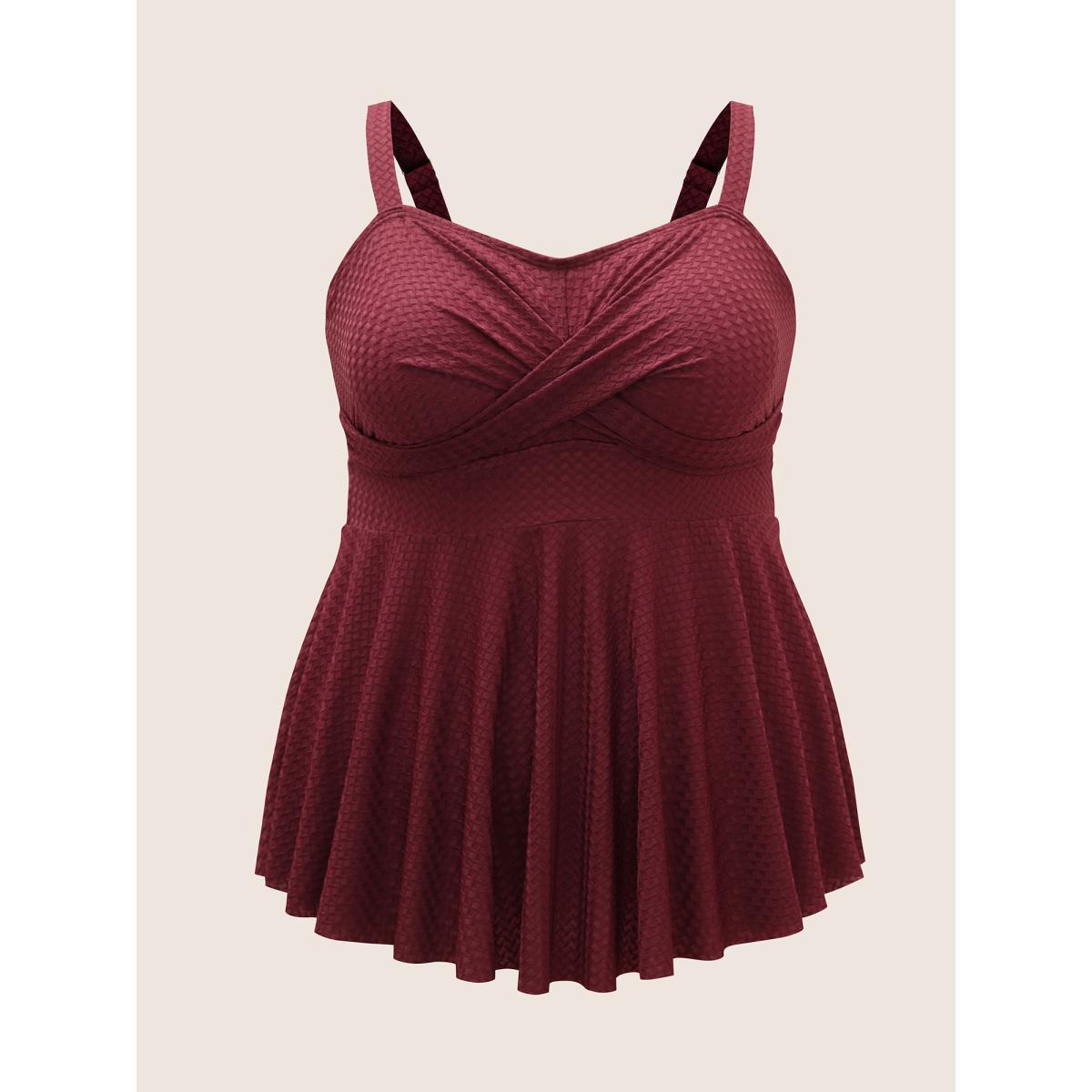 Plus Size Plisse Solid Crossover A Line Swim Top Women's Swimwear Burgundy Beach Pleated High stretch Bodycon Heart neckline Curve Swim Tops BloomChic 10/M Product Image