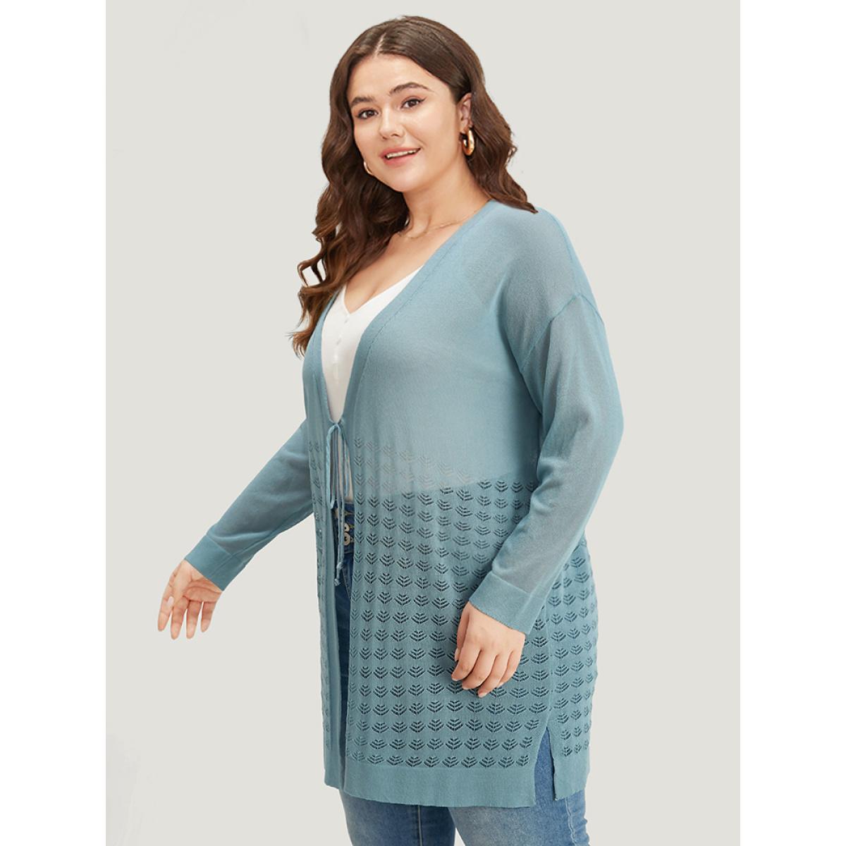 Plus Size Solid Ties Front Geo Eyelet Cardigan Mint Women Casual Loose Long Sleeve Everyday Cardigans BloomChic 12/L Product Image