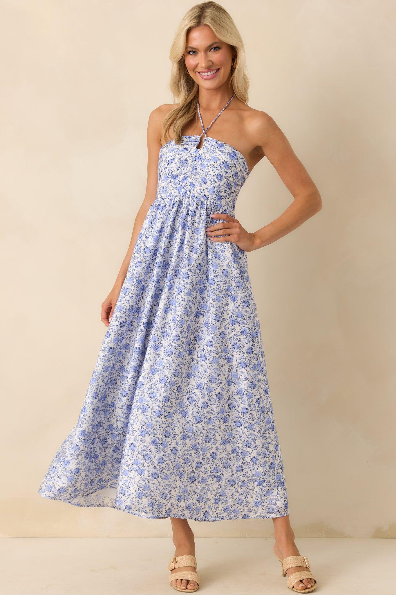 MINKPINK Blue Floral Print Evelyn Halter Midi Dress Product Image