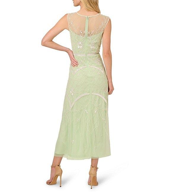 Adrianna Papell Beaded Mesh Crew Neck Sleeveless A-Line Midi Dress Product Image
