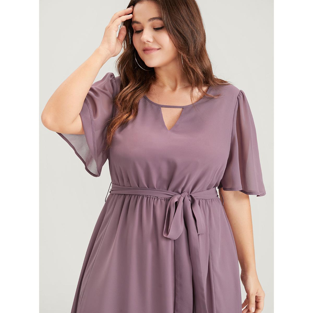 Plus Size Solid Keyhole Neck Ruffle Asymmetrical Hem Belted Maxi Dress Rouge Women Casual Elastic Waist Round Neck Half Sleeve Curvy Long Dress BloomChic 22-24/3X Product Image