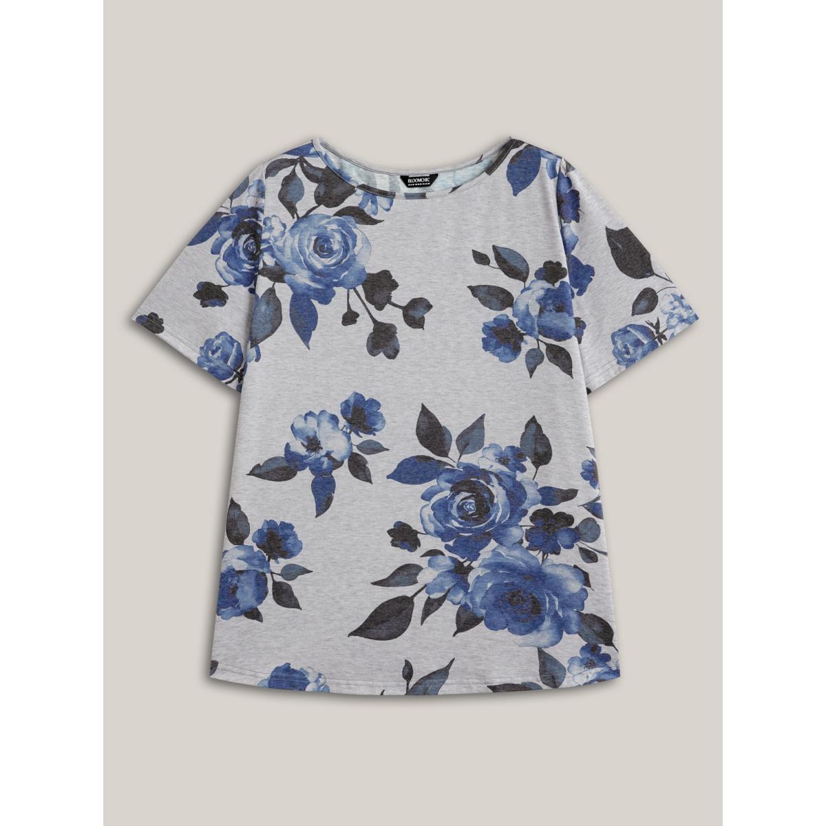 Plus Size Floral Print Round Neck Fitted T-Shirt DarkGray Women Leisure Non Natural Flowers Boat Neck Casual T-shirts BloomChic 28/5X Product Image