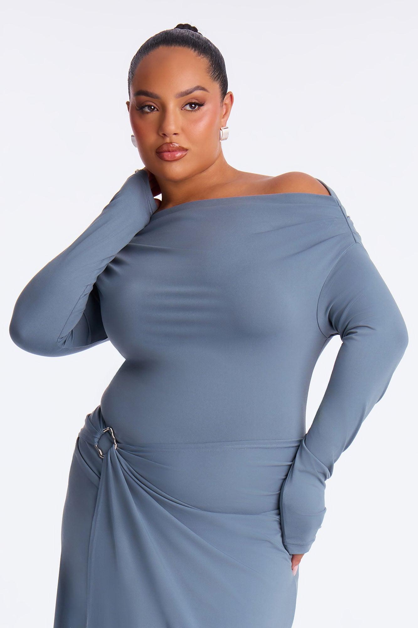 Aria Off Shoulder Draped Midi Dress - Slate Blue Female Product Image