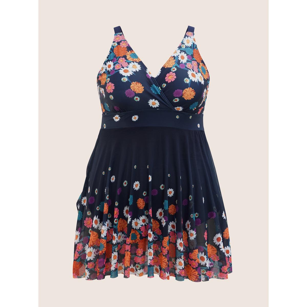Plus Size Overlap Collar Floral Patchwork Mesh Swim Dress Women's Swimwear Indigo Beach Bodycon Overlap Collar High stretch Curve Swim Dresses BloomChic 28/5X Product Image