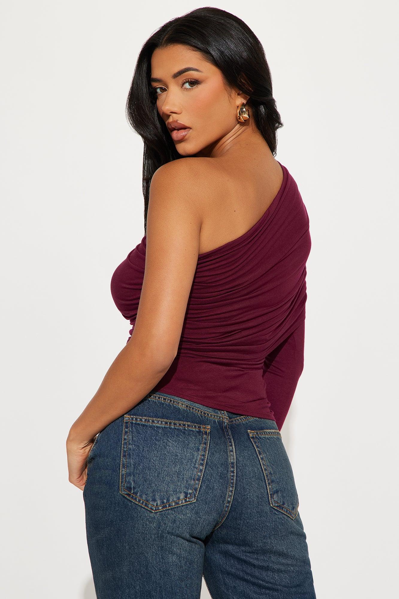 Venus Ruched Long Sleeve One Shoulder Top - Burgundy Product Image