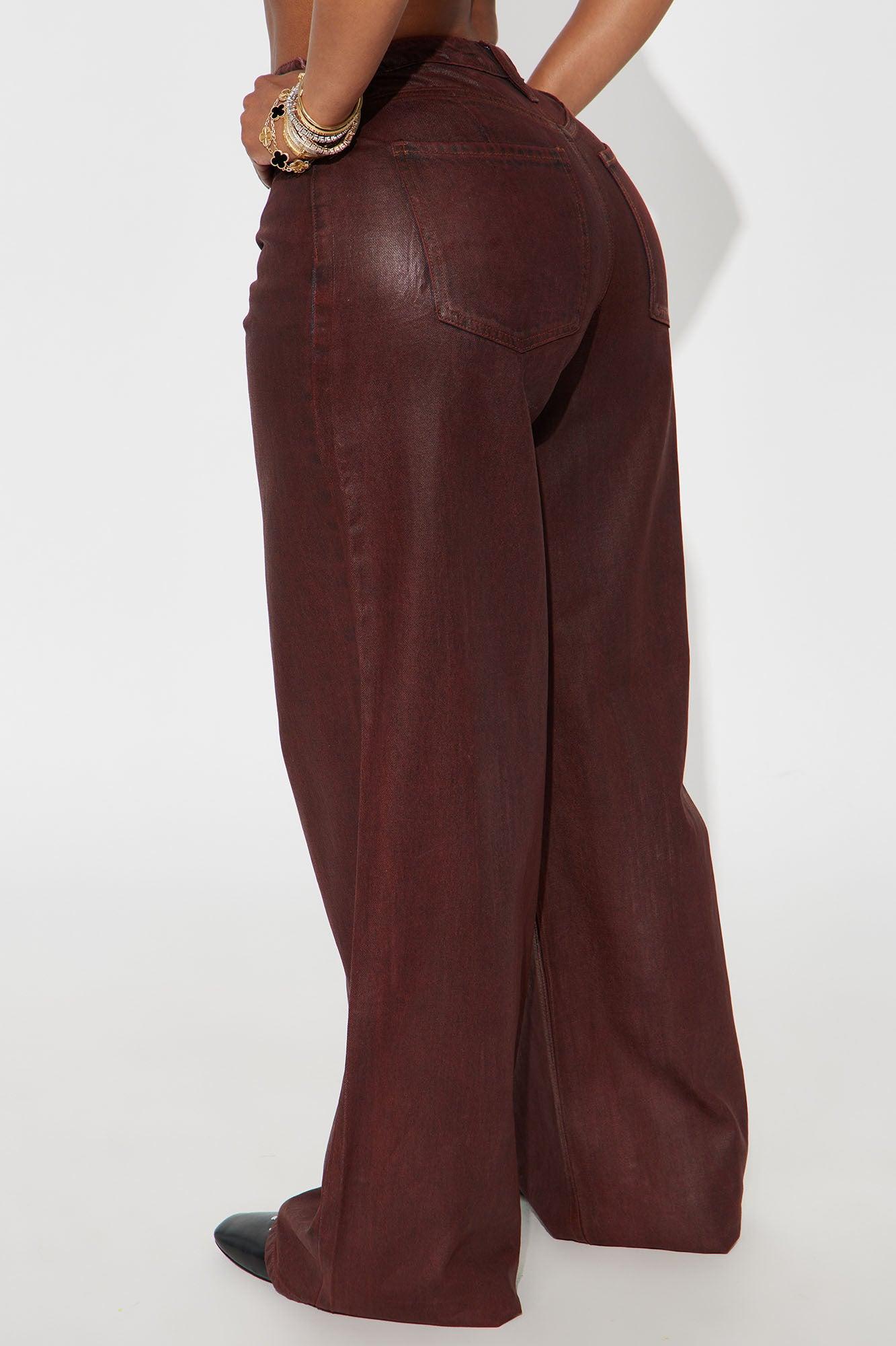 Play It Off Coated Wide Leg Jeans - Burgundy Female Product Image