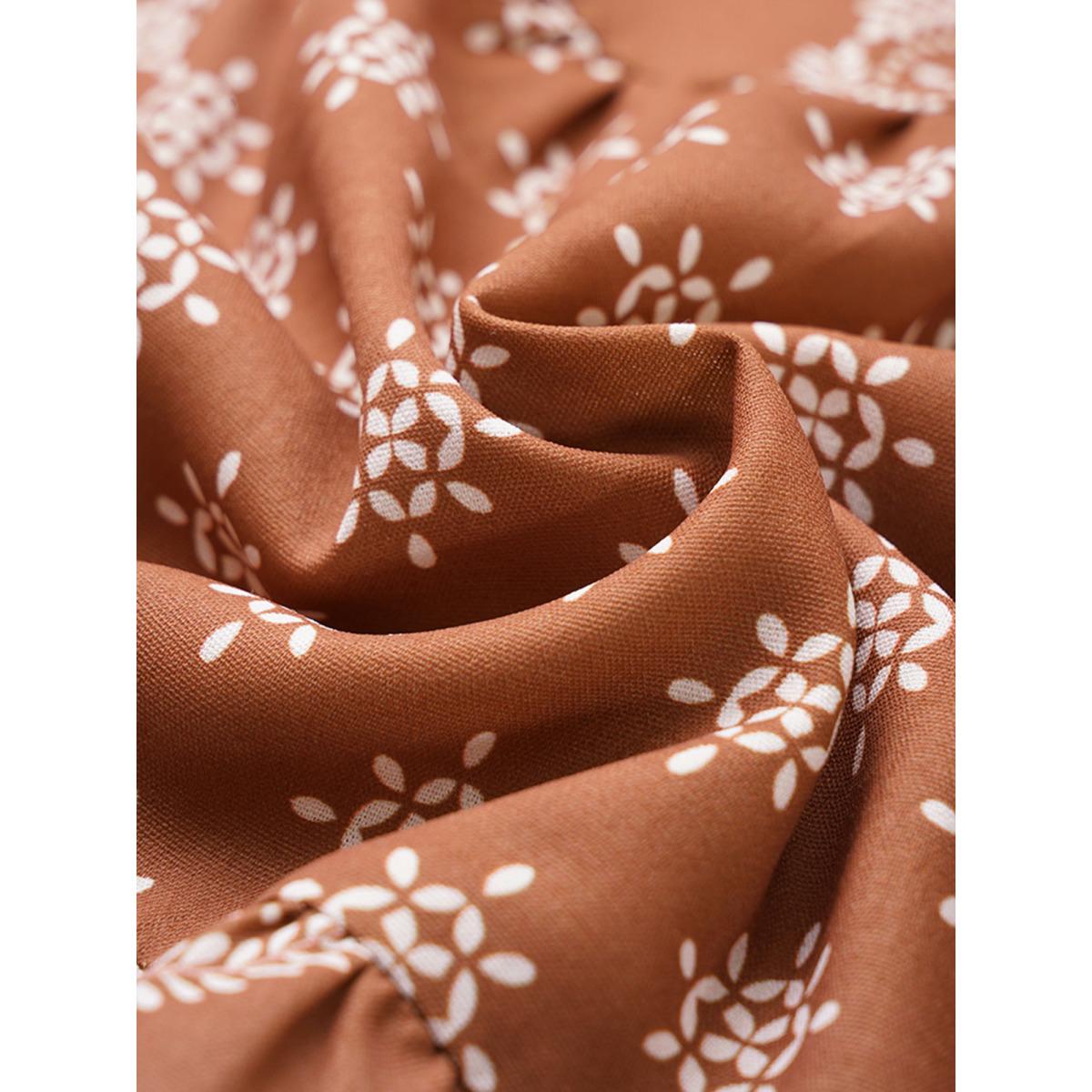 Plus Size Geometric Wrap Ruffle Layered Hem Dress Chocolate Women Vacation Wrap Overlap Collar Long Sleeve Curvy Midi Dress BloomChic 18-20/2X Product Image