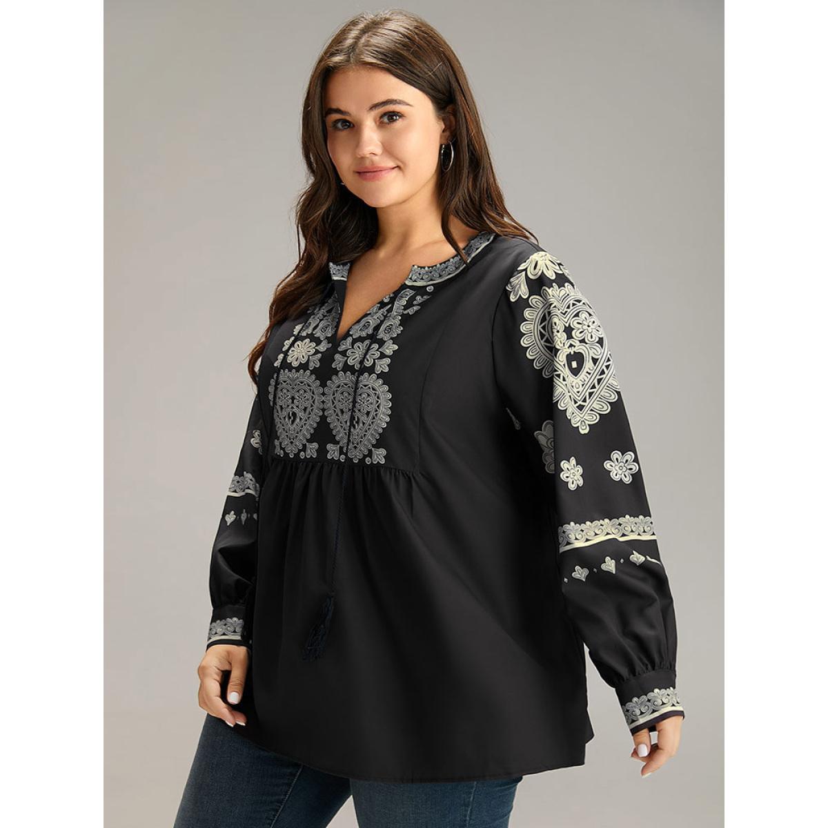Plus Size BlackFlower Boho Print Tie Neck Tassel Gathered Blouse Women Vacation Long Sleeve Tie Neck Vacation Blouses BloomChic 18-20/2X Product Image