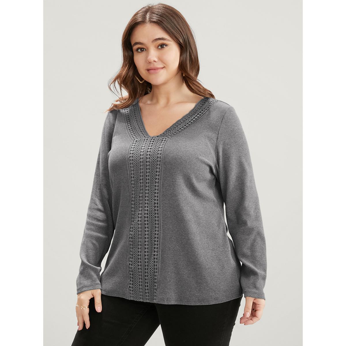 Plus Size Solid V Neck Crochet Lace Rib Knit Long Tee Gray Women Elegant Patchwork Plain V-neck Dailywear T-shirts BloomChic 10/M Product Image