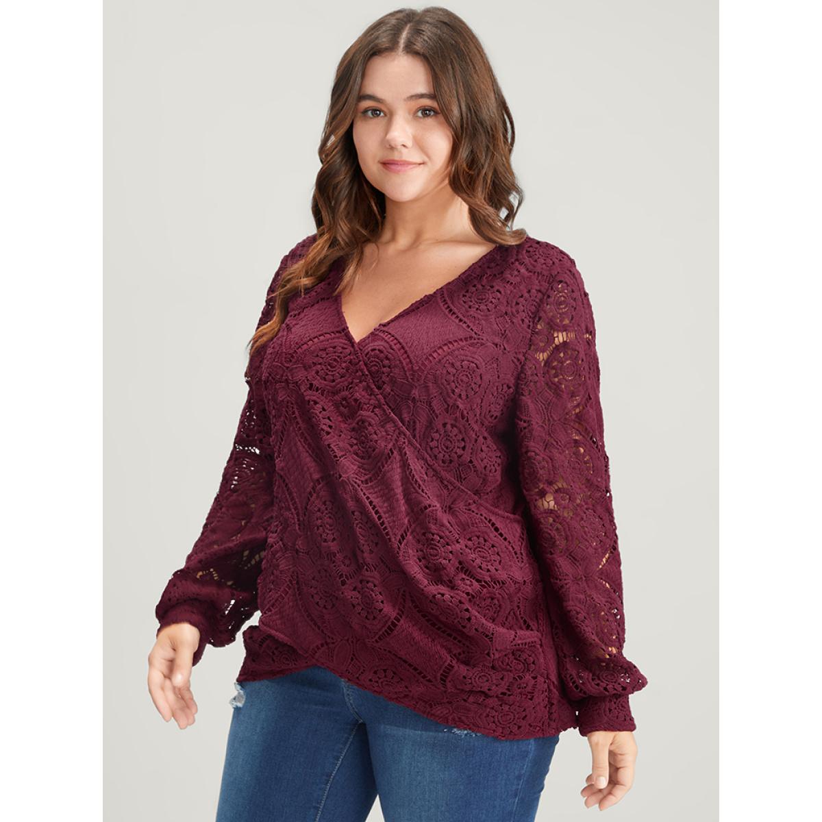 Plus Size Burgundy Solid Crossover Hem Lace Blouse Women Glamour Long Sleeve V-neck Going out Blouses BloomChic 14-16/1X Product Image