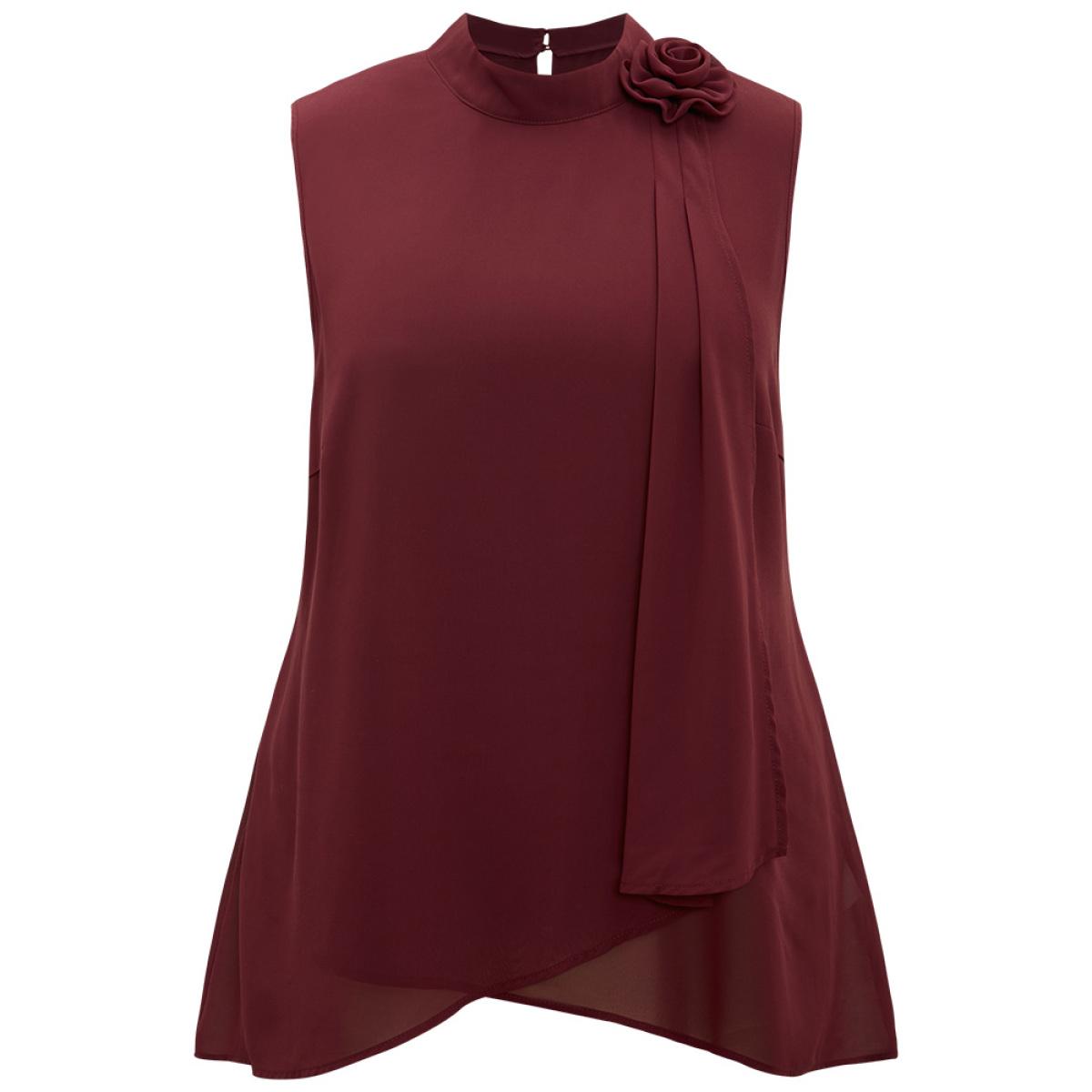 Plus Size Rose Detail Layered High Low Hem Chiffon Tank Top Women Burgundy Casual Plain Mock Neck Festival-Christmas Tank Tops Camis BloomChic 18-20/2X Product Image