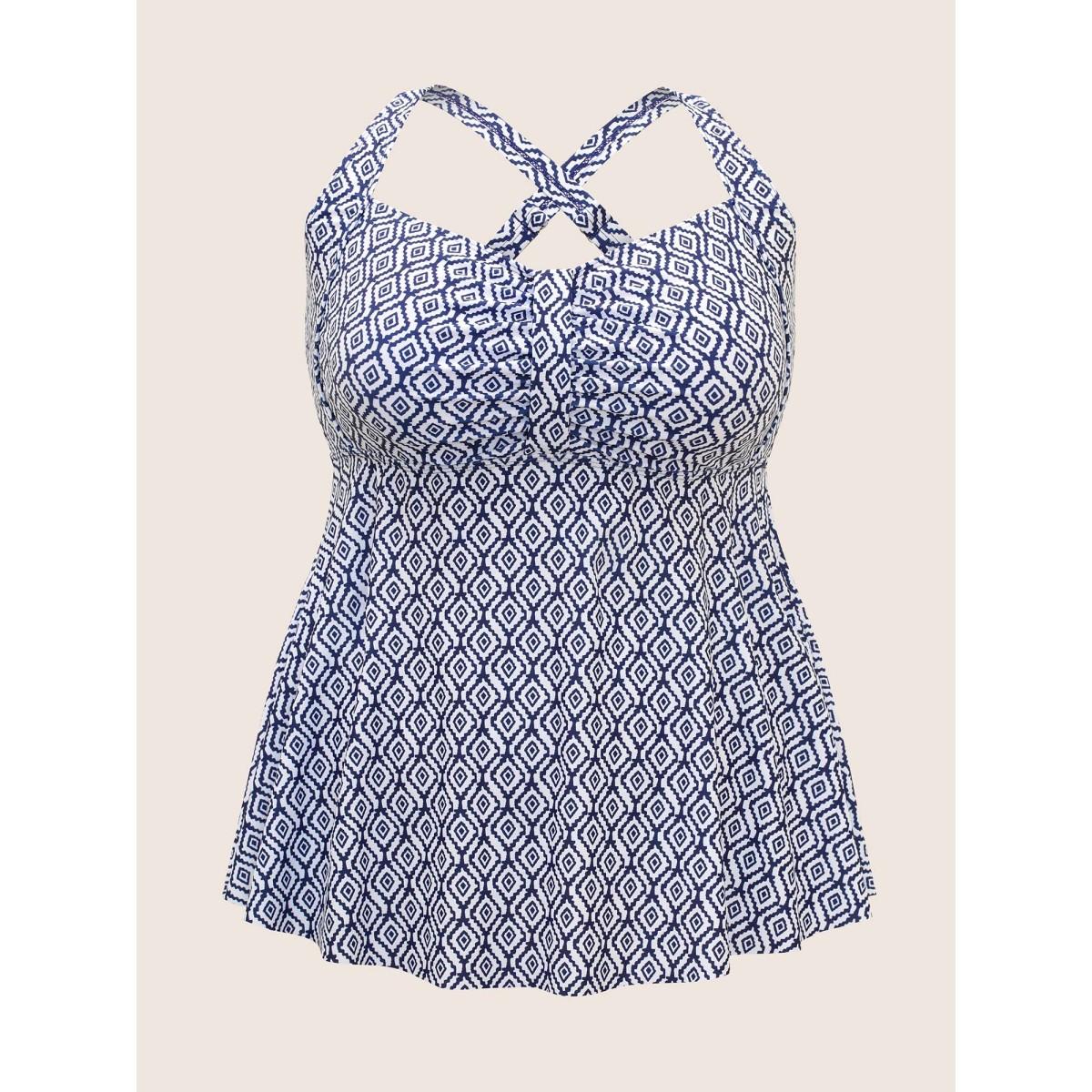 Plus Size Heart Neckline Geometric Ruched Swim Top Women's Swimwear Indigo Beach Gathered High stretch Bodycon Heart neckline Curve Swim Tops BloomChic 22-24/3X Product Image