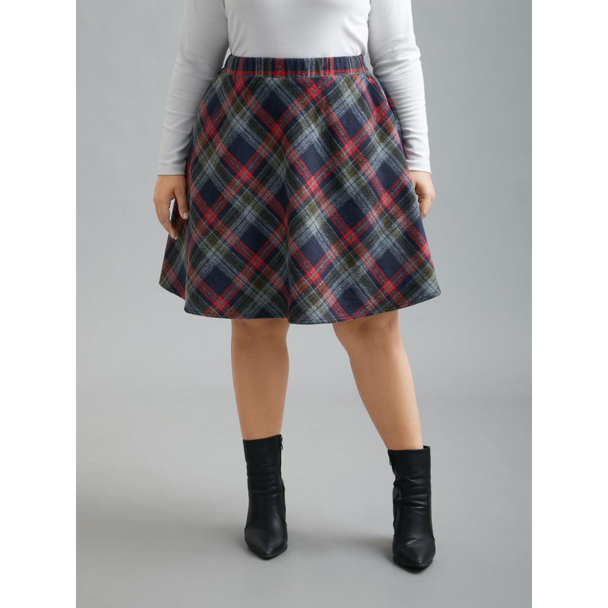 Plus Size Plaid Pattern Elastic Waist A-line Mini Skirt Women Moss Elegant Low stretch Slanted pocket Everyday Skirts BloomChic 10/M Product Image