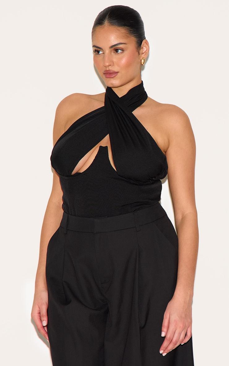 Plus Black Woven Cross Front Underwired Bodysuit Product Image