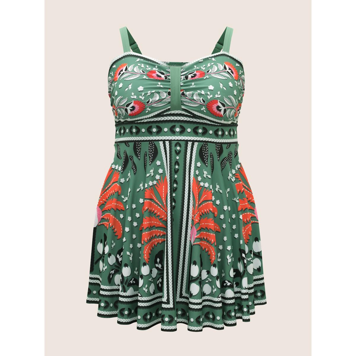 Plus Size Bandana Print Heart Neckline Gathered Swim Dress Women's Swimwear Palemauve Beach Bodycon Heart neckline High stretch Curve Swim Dresses BloomChic 22-24/3X Product Image