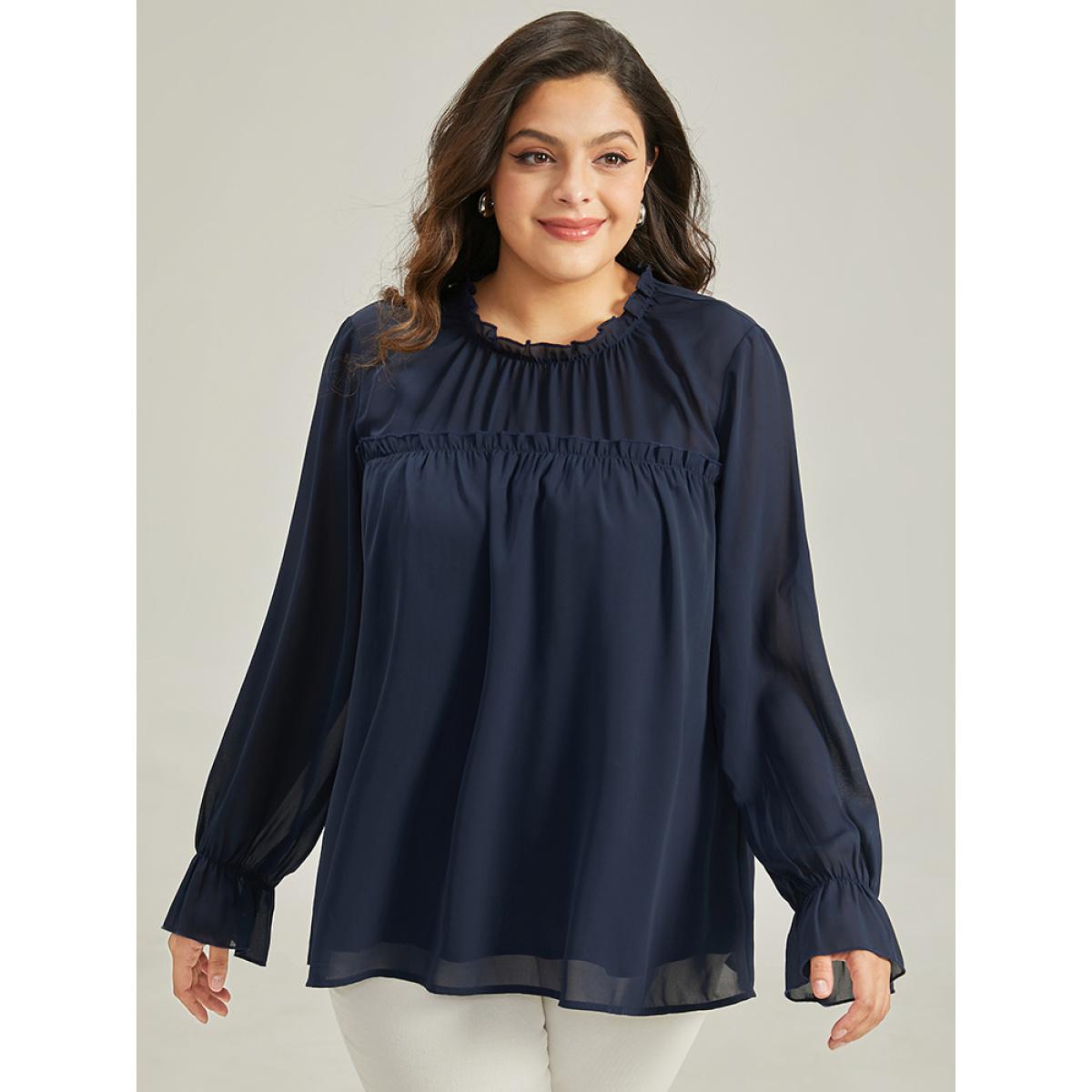 Plus Size Indigo Anti-Wrinkle Frill Trim Lantern Sleeve Blouse Women Office Long Sleeve Round Neck Work Blouses BloomChic 10/M Product Image