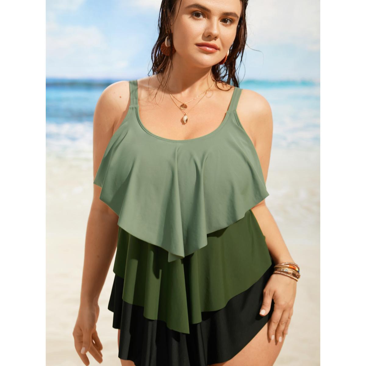 Plus Size U Neck Contrast Tiered Ruffles One Piece Swimsuit Women's Swimwear ArmyGreen Beach Tiered Curve Bathing Suits High stretch One Pieces BloomChic 14-16/1X Product Image