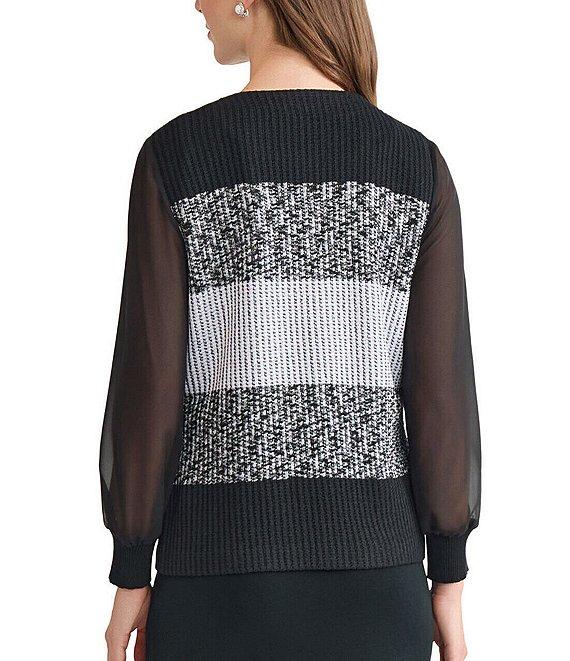 Ming Wang Mixed Media Colorblock Knit Round Neck Sheer Long Sleeve Jacket Product Image
