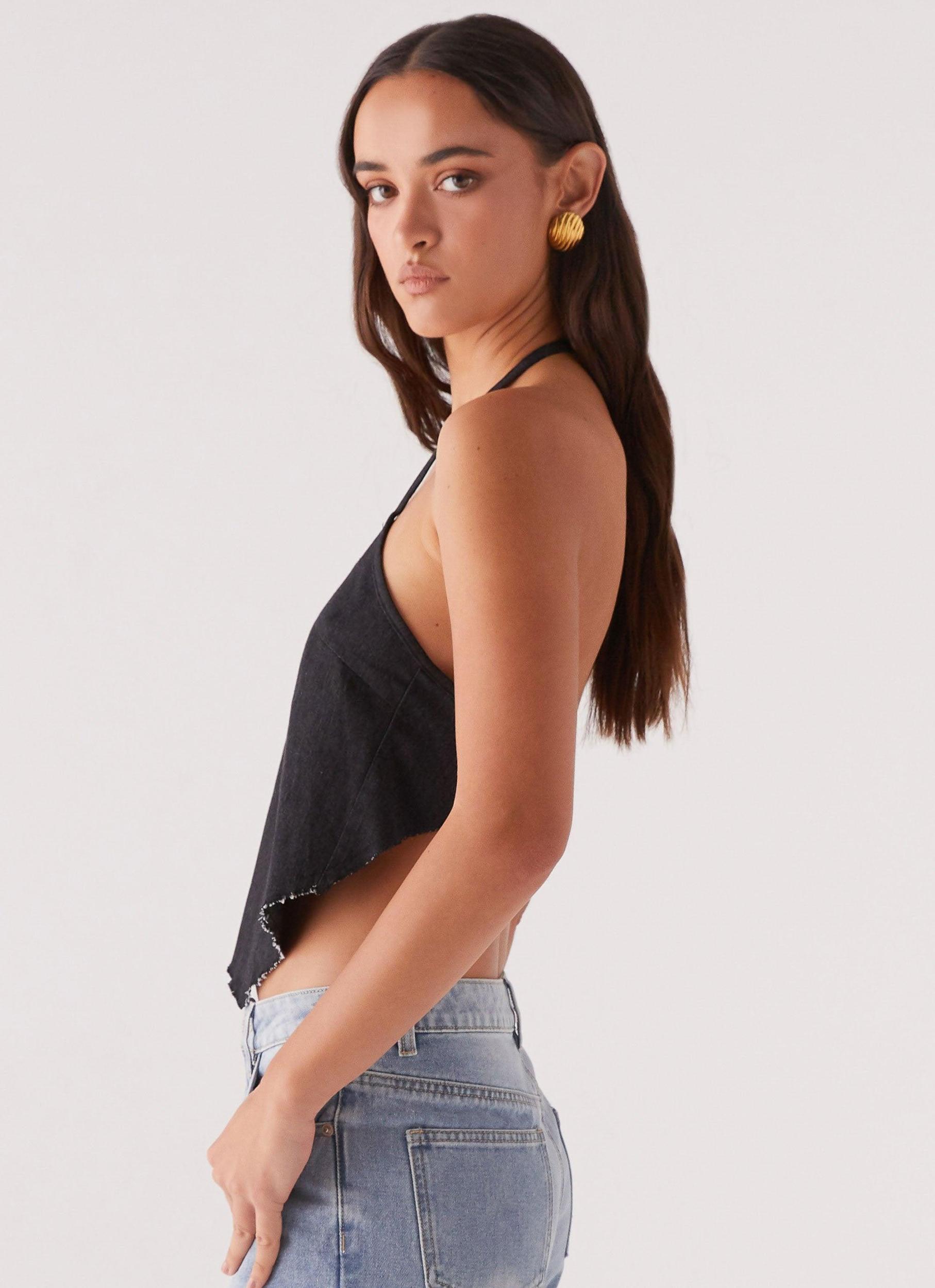 Rexi Halter Denim Top - Washed Black Product Image