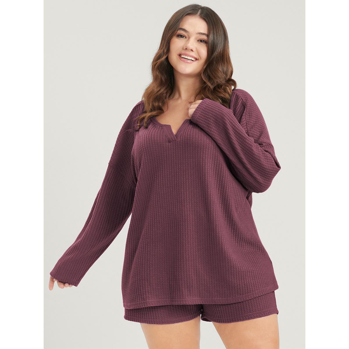 Plus Size Solid Notched Waffle Knit Pajama Set Women DustyPink Plain Plain Long Sleeve Notched collar Casual Loungewear Sets BloomChic 10/M Product Image