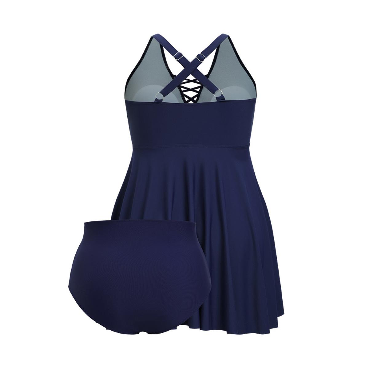 Plus Size Crisscross Neck Adjustable Straps Ruffles Hem Swim Dress Women's Swimwear Indigo Vacation Bodycon V-neck High stretch Curve Swim Dresses BloomChic 18-20/2X Product Image