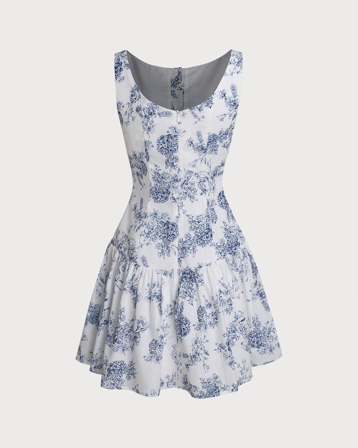 Blue Floral Boat Neck Sleeveless Mini Dress Product Image