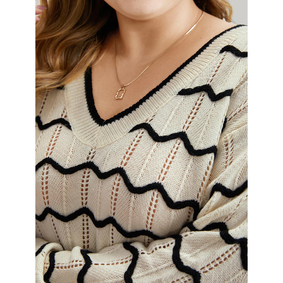 Plus Size Striped Drop Shoulder Cut Out Bodycon Pullover Beige Women Casual Bodycon Long Sleeve V-neck Everyday Pullovers BloomChic 18-20/2X Product Image