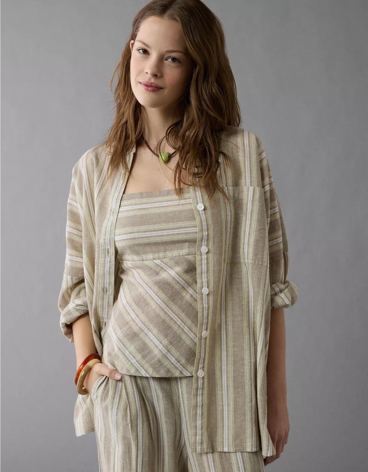 AE Go Big Linen-Blend Oversized Striped Shirt Product Image