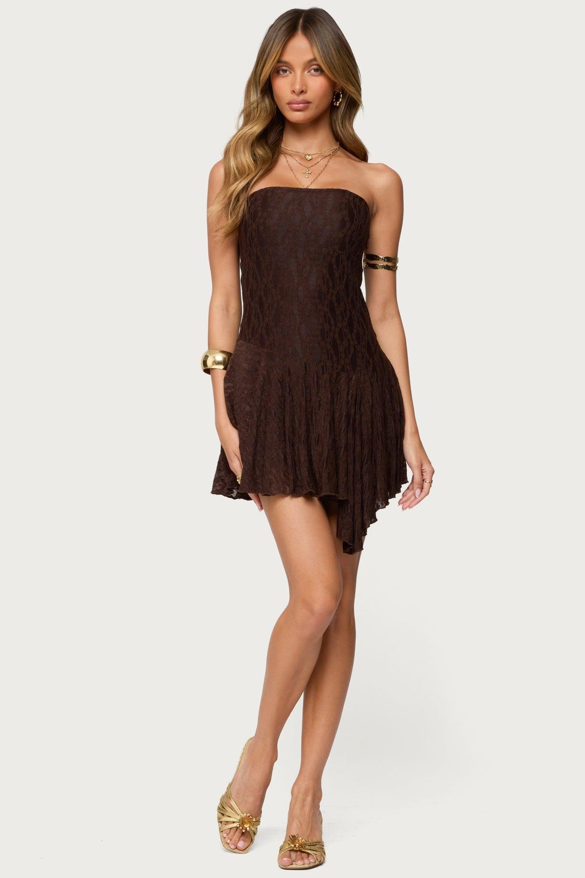 Elaia Asymmetric Strapless Lace Mini Dress Product Image
