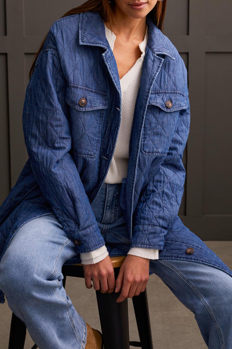 Button Front Long Quilted Jacket - Blue Chambray Product Image