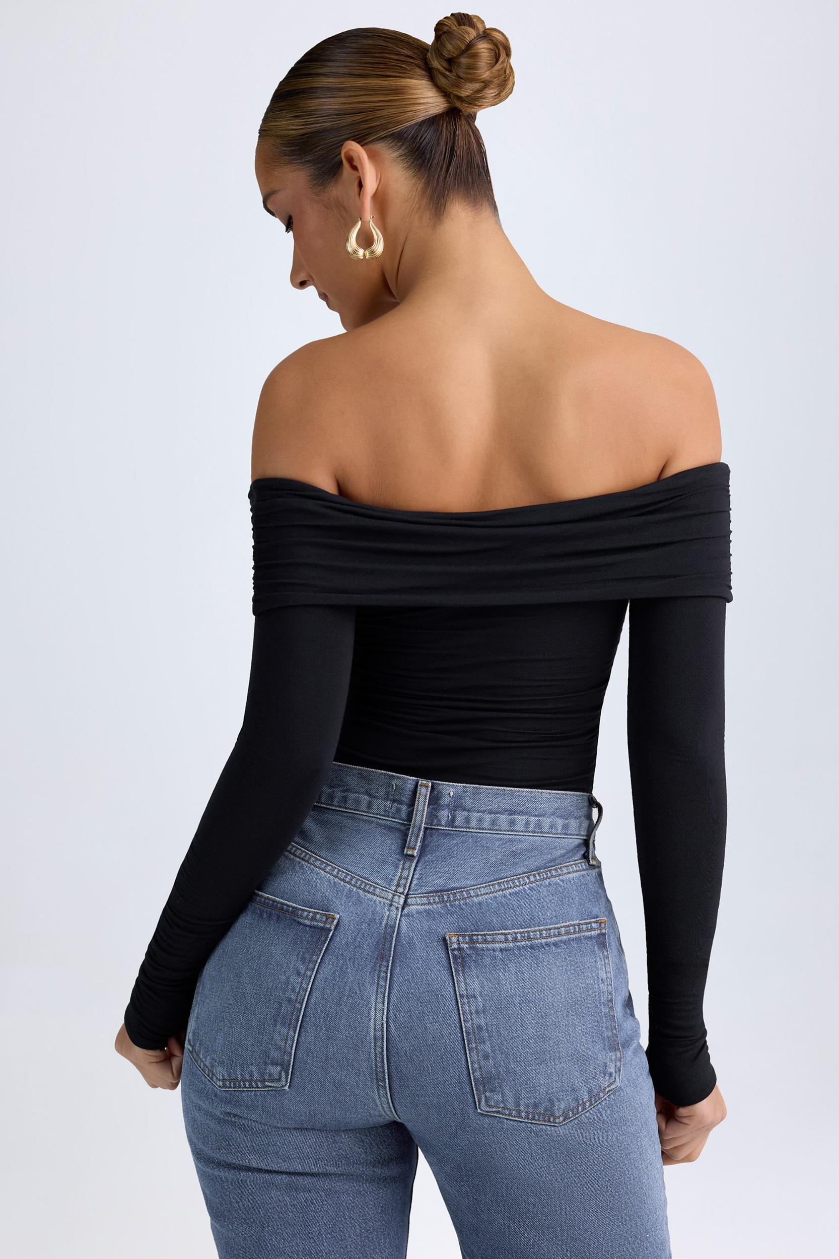 Modal Off-Shoulder Ruched Bodysuit in Black Product Image