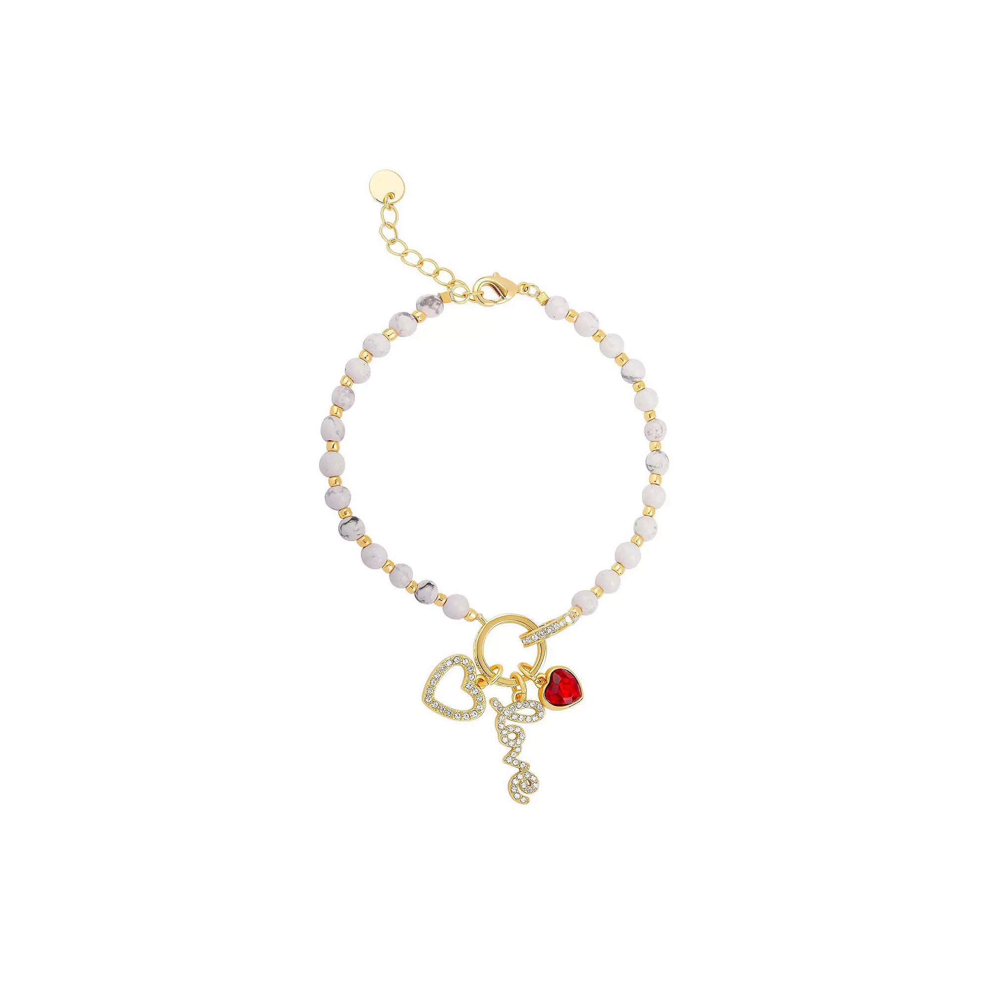 18k Gold Plated Crystal Howlite Beaded Heart & "Love" Charm Bracelet, Women's, Size: 7/8", Yellow Gold Tone Gray Product Image
