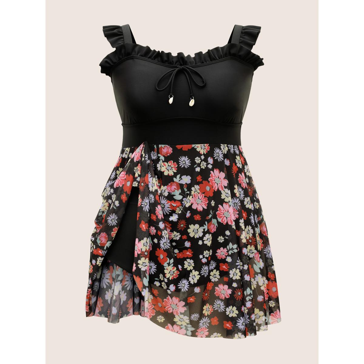 Plus Size Floral Mesh Patchwork Ruffles Tie Knot Swim Dress Women's Swimwear Black Beach Bodycon Heart neckline High stretch Curve Swim Dresses BloomChic 26/4X Product Image