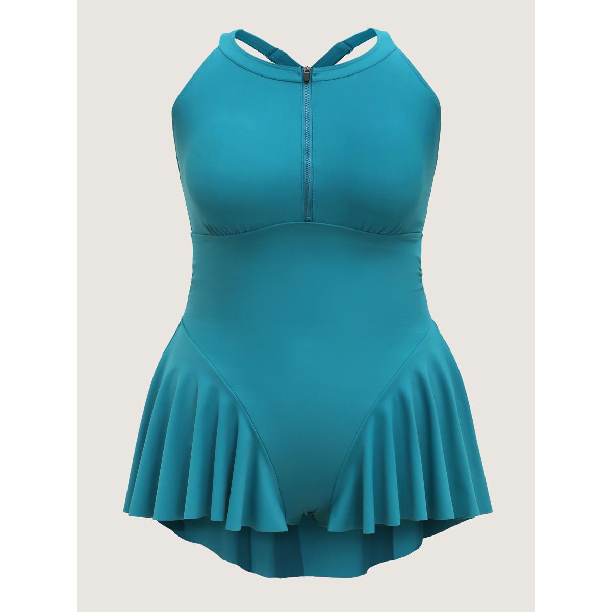Plus Size Zipper Front Ruffled One-Piece Swimsuit Women's Swimwear Teal Beach Gathered Curve Bathing Suits High stretch One Pieces BloomChic 12/L Product Image
