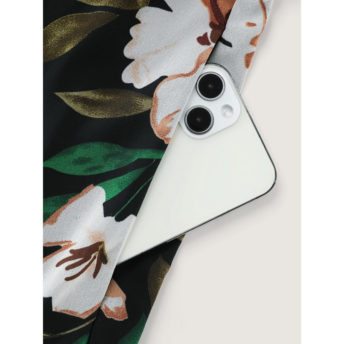 Plus Size Tropical Floral Print Ruffled Neckline Midi Dress Black Women Romantic Contrast V-neck Extra Long Sleeve Curvy BloomChic 18-20/2X Product Image